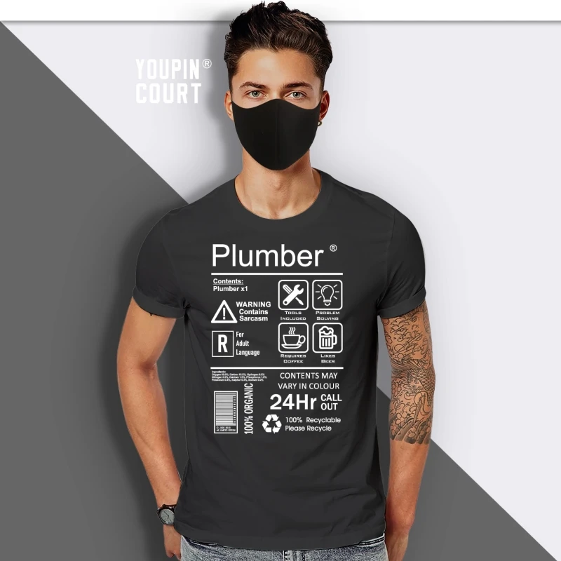 

Funny Plumber Workwear Spoof Package Care Label Instructions Information Guide Motif Mens Unisex t-shirt gift choose colour