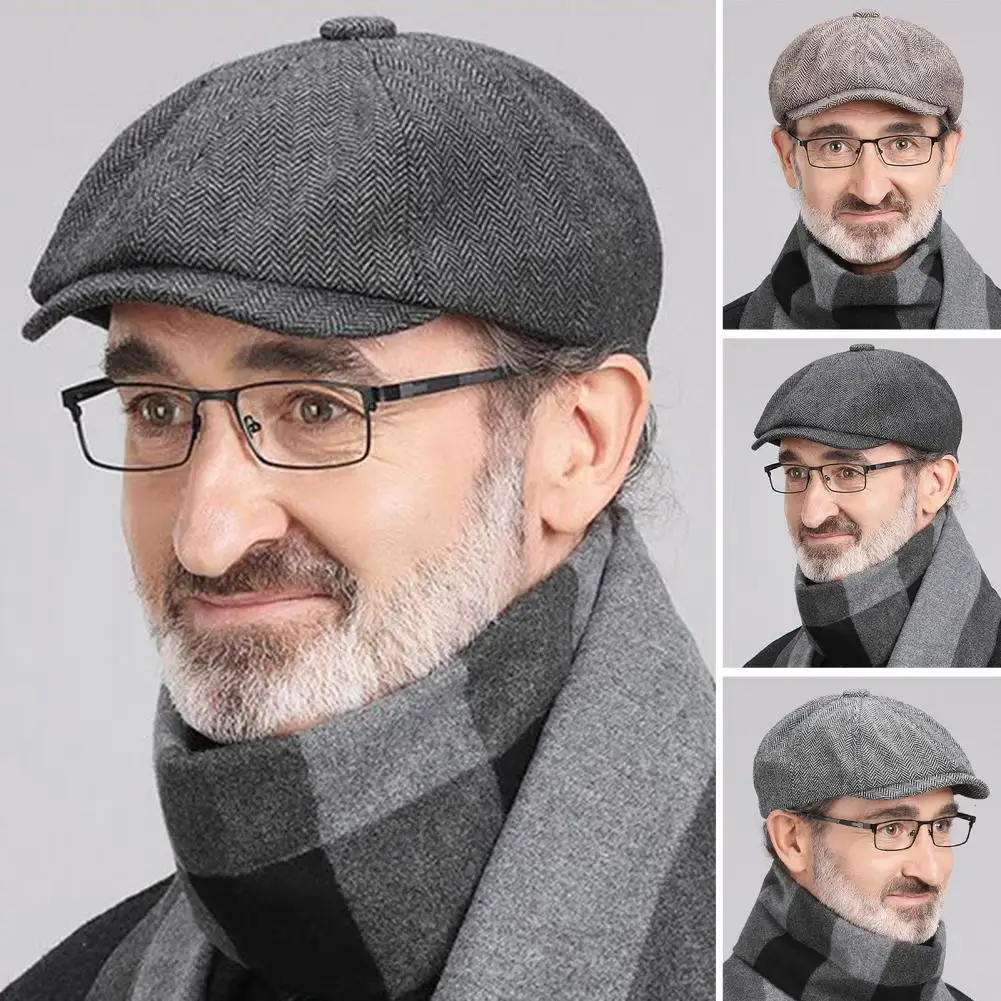 

Men Beret All-match Photography Props Everyday Wear Herringbone Print Painter Cap Cap for Trip