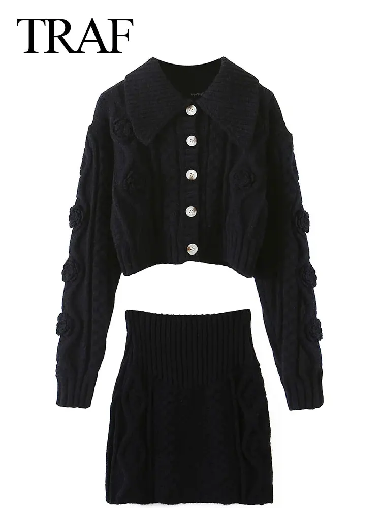 

Женский элегантный костюм с юбкой TRAF, вязаный кардиган, свитер, трендовый Топ для пожилых + элегантная приятная для кожи короткая юбка, Женск...