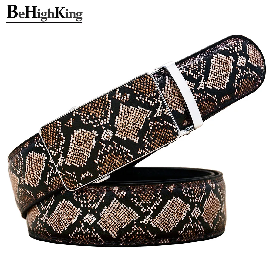 Casual Genuine Leather Belts Unisex Luxury Simulated Khaki Fine Scale Snake Print Automatic Buckle Cowskin Waist Strap for Gift