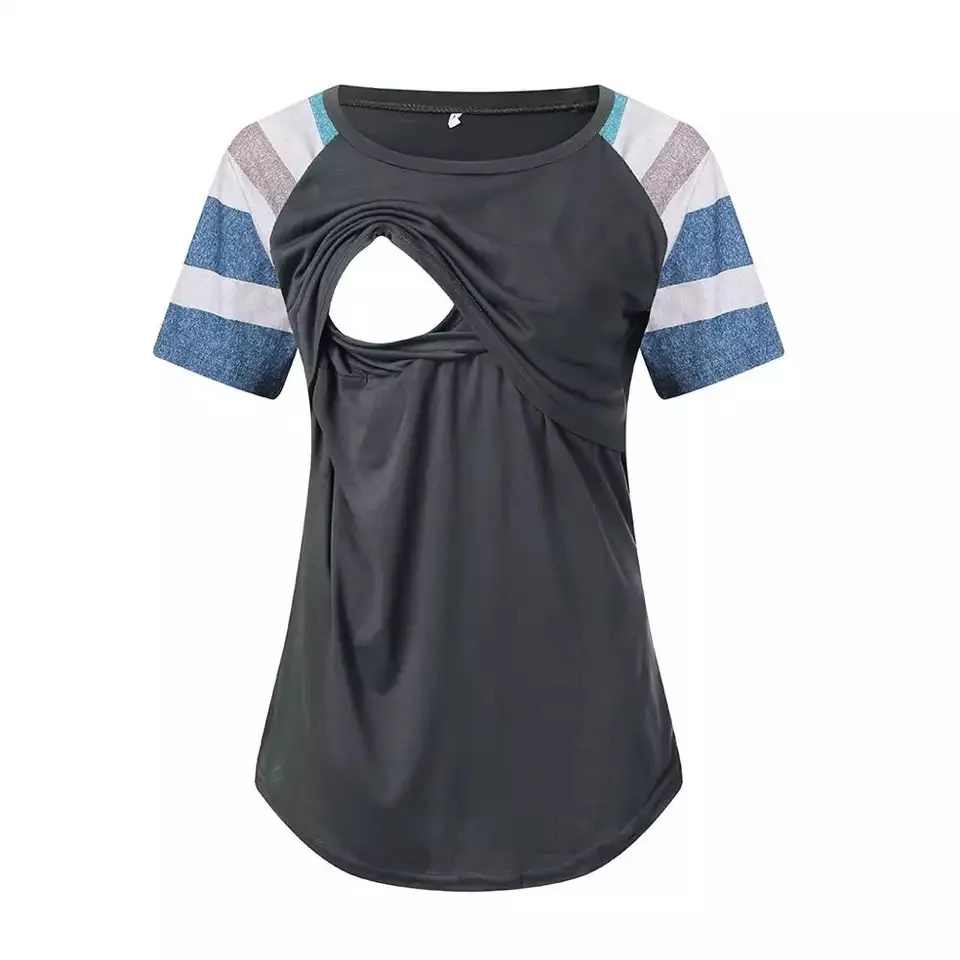 

Женская блузка для беременных полосатые Лоскутные Топы для кормления футболка Летняя одежда для беременных с коротким рукавом для кормления грудью