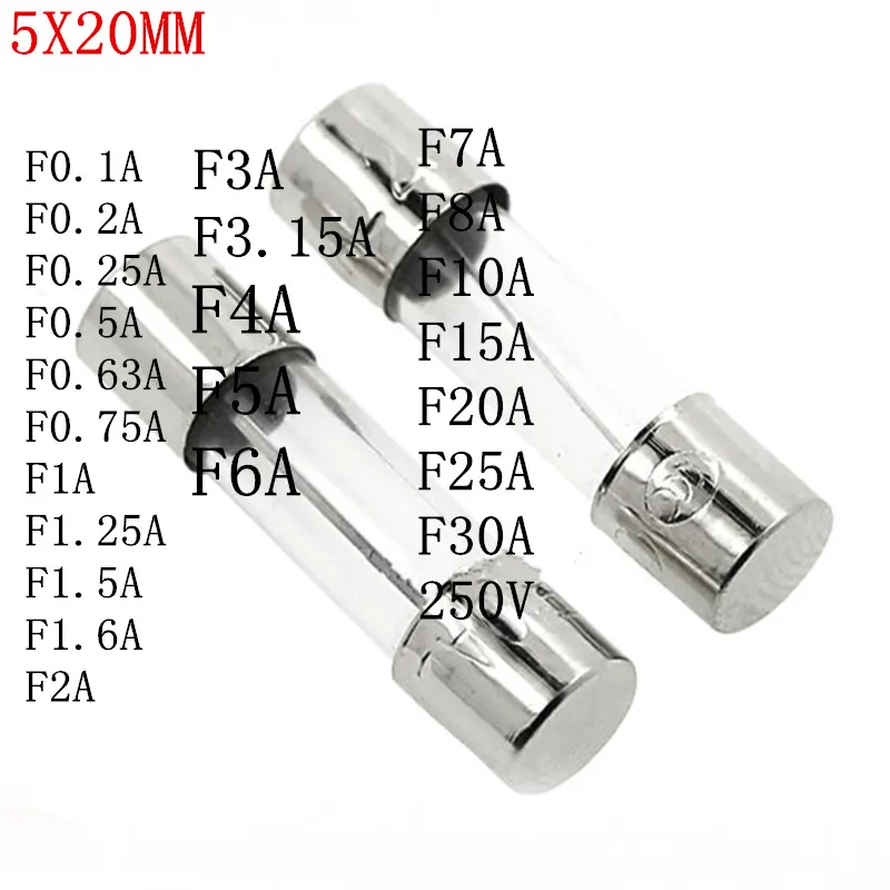 

100PCS 5*20mm 5X20mm Fast Blow Glass Tube Fuses 5x20 6x30 mm 250V 0.1A 0.2A 0.25 0.5 1 2 3 4 5 6 8 10 15 20 25 30A AMP Fuse