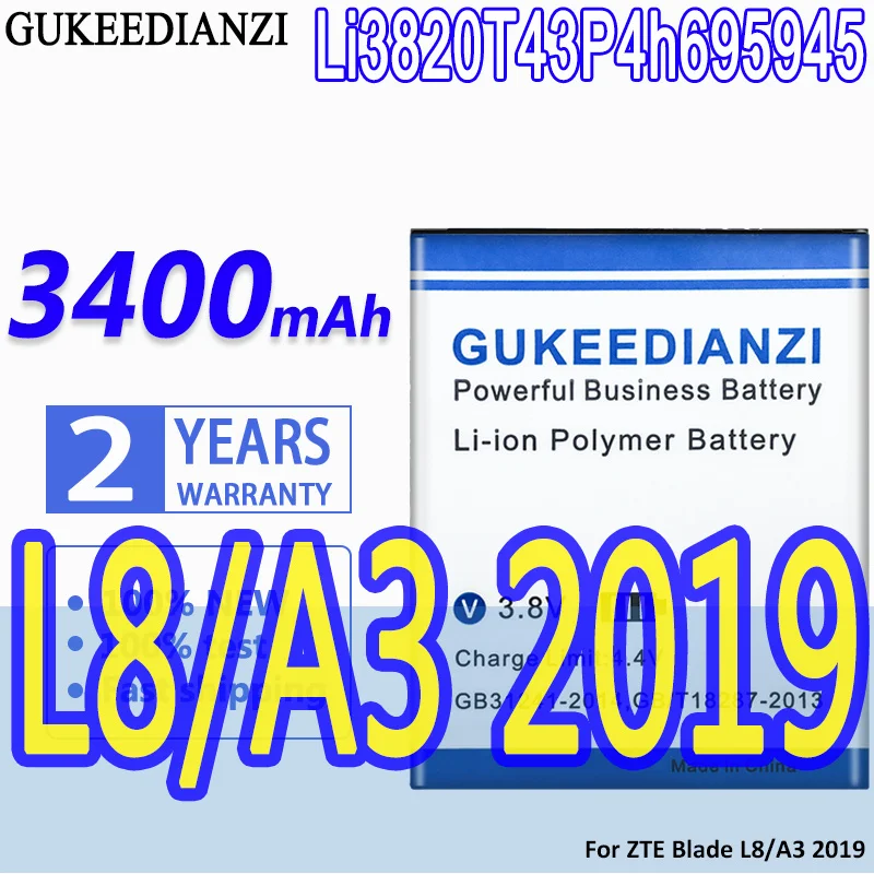 

High Capacity GUKEEDIANZI Battery Li3820T43P4h695945 3400mAh For ZTE Blade L8 / A3 2019 Replacement Batteries