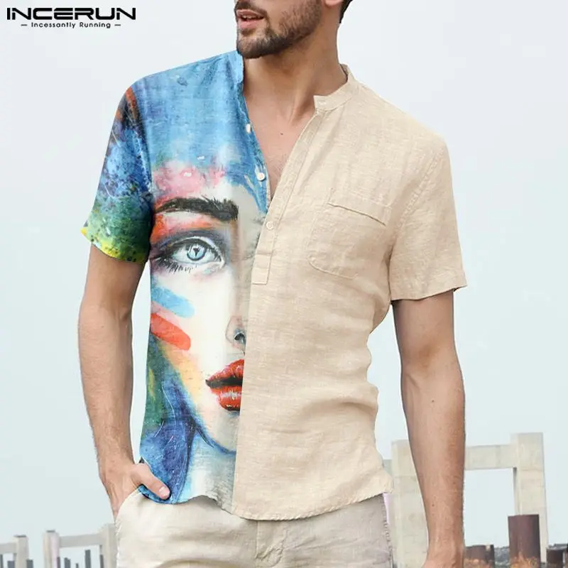 

Stylish Casual Style Tops INCERUN Men's Abstract Art Face Printed Shirts Fashion Splicing Stand Collar Short Sleeve Blouse S-5XL