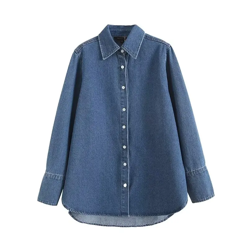 

Women 2023 spring New Fashion Denim Blouses Vintage Long Sleeve Button-up Female Shirts Chic Tops