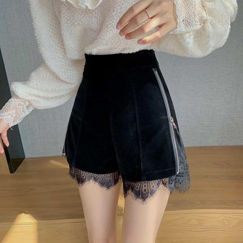 Fashion Sexy Lace High-waist Straight-leg Shorts Female Stitching Gold Velvet Shorts Adjustable Slim Boot Shorts Woman Clothing
