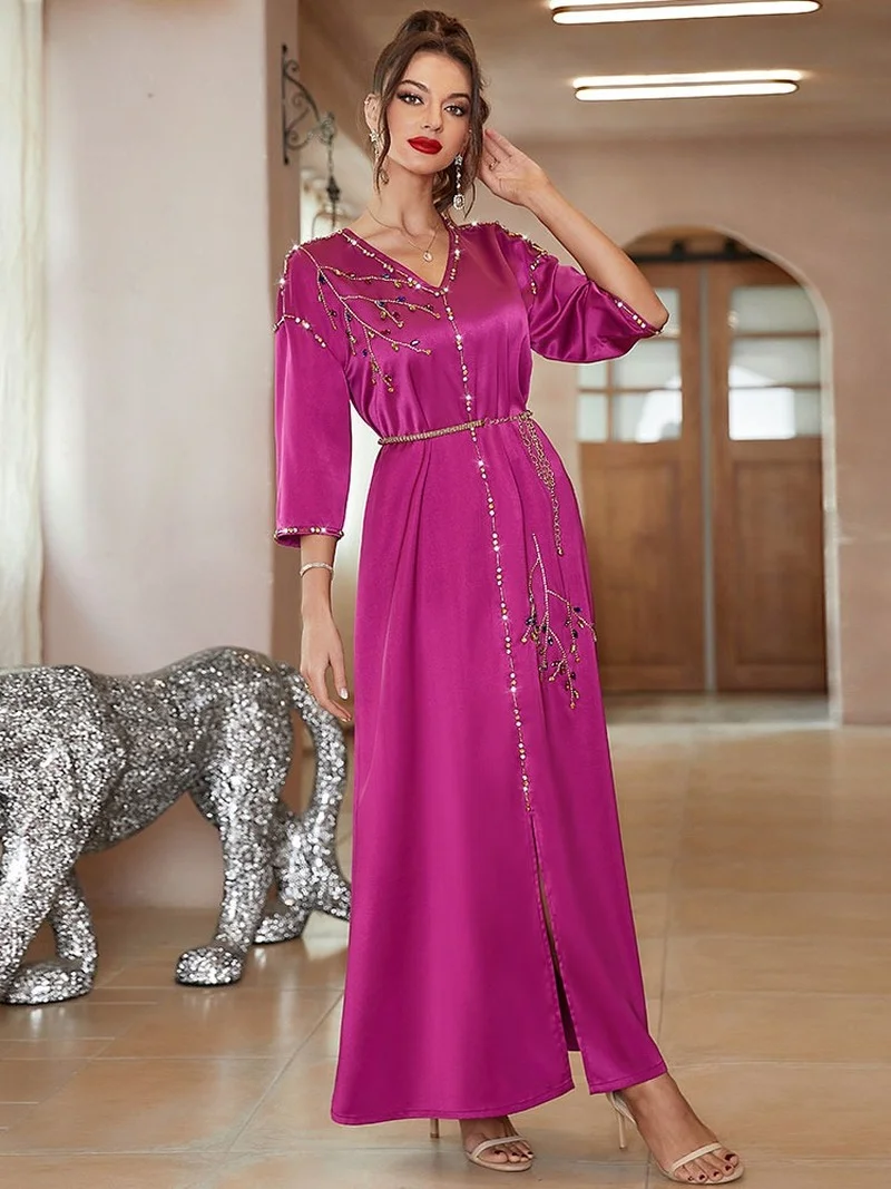 Eid Moroccan Caftan Hand Sewn Rhinestone Arabic Evening Long Dress Dubai Saudi Gulf Jalabiya Muslim Party Satin Abaya Kaftan