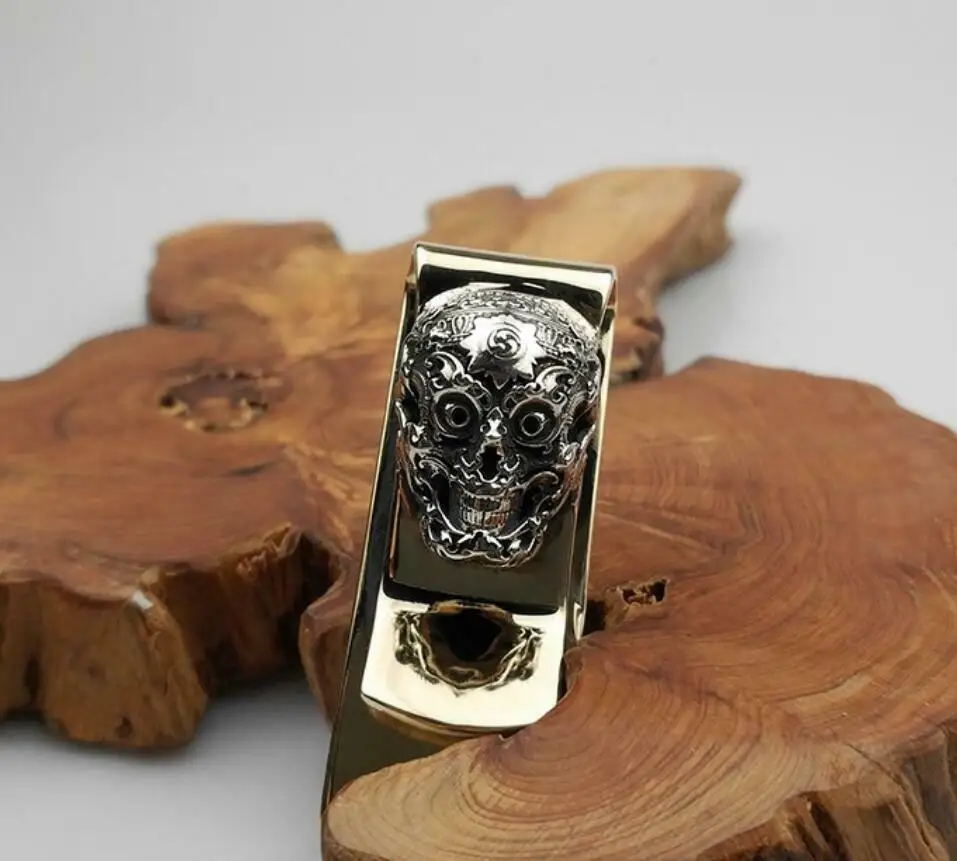 

Brass Skull Pendant Slim Cash Money Clip Wallet Credit Card Holder Men's Gift