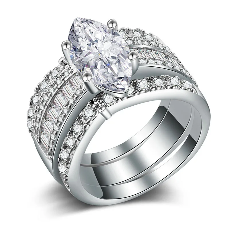 

New Luxury Trendy 3Pc Sets Silver Plated Engagement Rings For Women Shine CZ Stone Inlay Fashion Jewelry Wedding Party Gift Ring