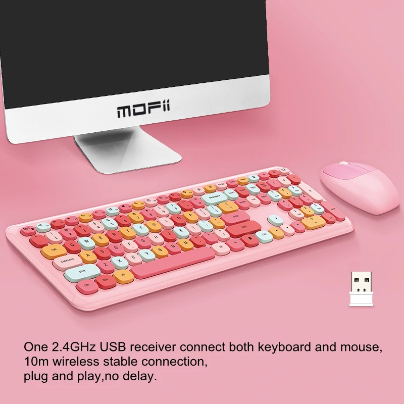2.4G Wireless Full Size Silent Keyboard Mouse Kit Set Female Women Girl 110 Key Cute Pink Purple Black Blue Green For PC Laptop - купить по