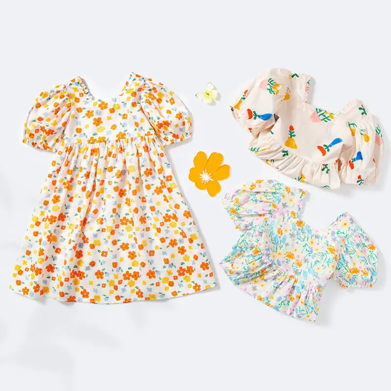 

Summer Flower Kids Dresses for Girls Short Sleeve Back Hollowed Out Floral Princess Dress Children Girls Cotton Clothes Costume