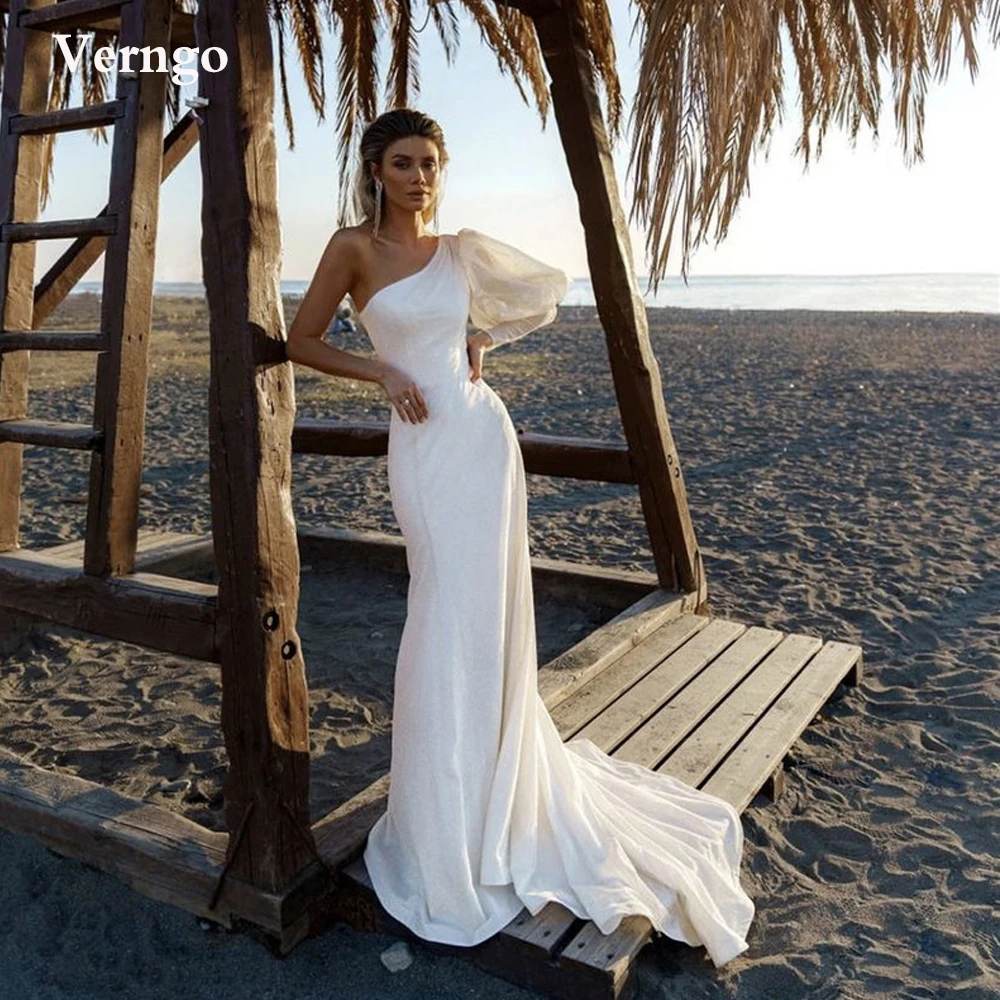 

Женское блестящее свадебное платье Verngo, Пышное Платье с длинным рукавом и открытым плечом, со шлейфом, стильное официальное платье, 2022