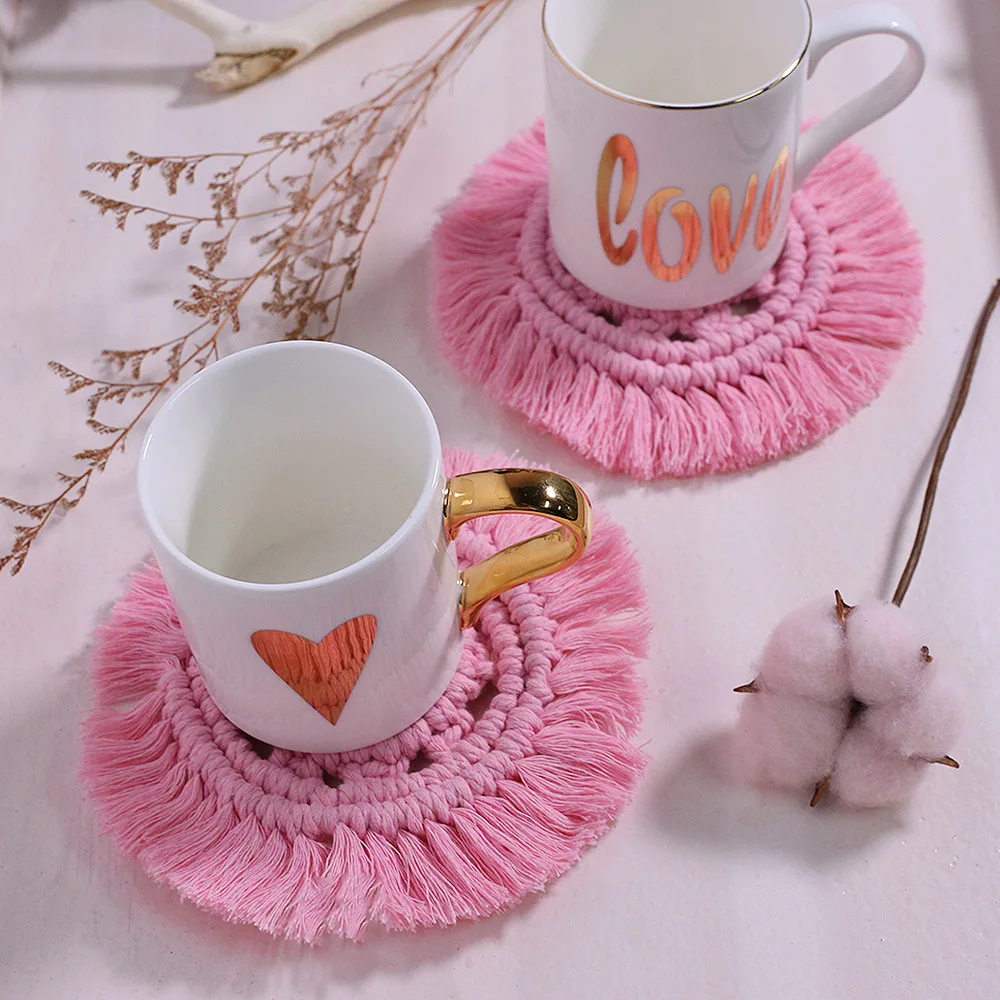 

Handmade Cup Mat Cotton Braid Coaster Bohemia Style Kitchen Accessories Non-Slip Macrame Cup Cushion Home Decor Round Place Mat