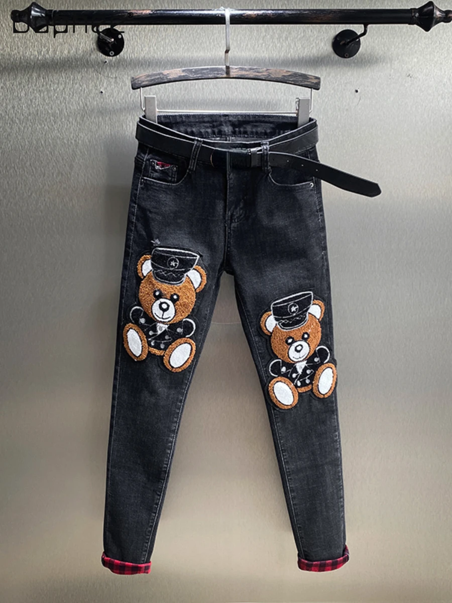 

Jeans for Women Autumn New Little Bear Cartoon for Women High Waist Western Style Slim Fit Black All-Matching Skinny Denim Pants