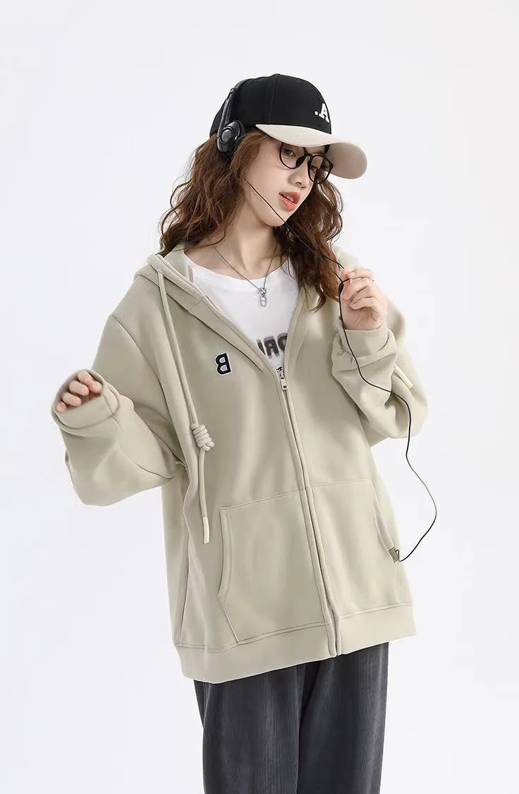

Streetwear Zip Up Hoodie Letter Embroidery Loose Sweatshirt Jacket Autumn Winter Long Sleeve Casual Women Sweatshirt Y2k Clothes