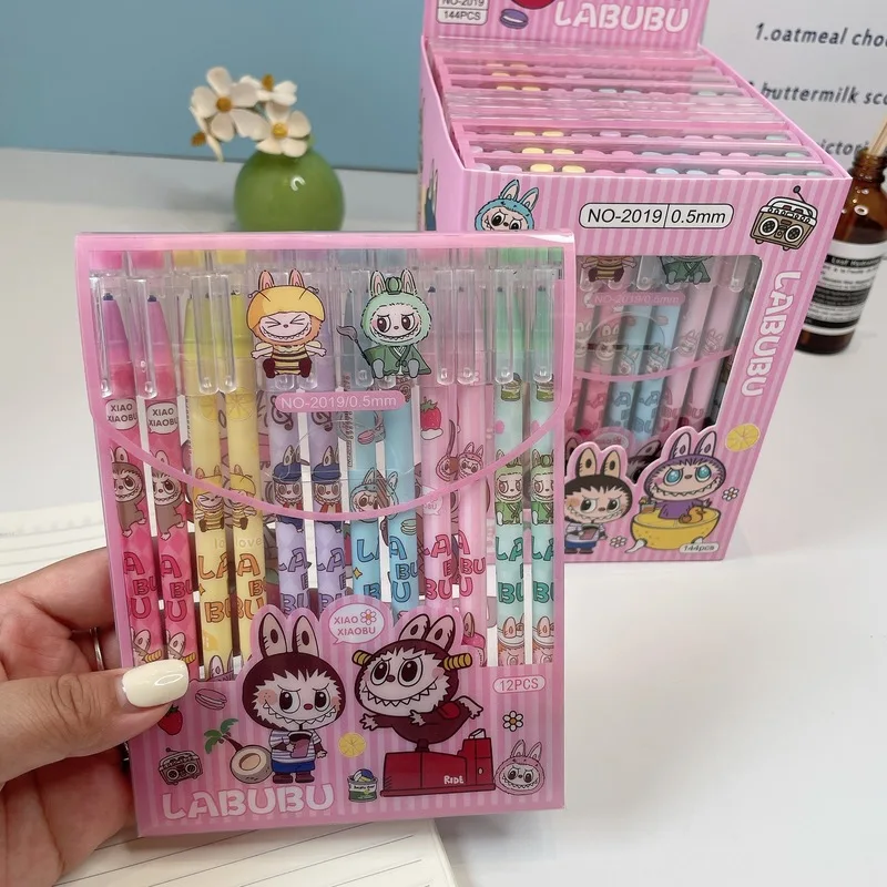 Гелевая ручка Labubu 12 шт. серия без тревоги Kawaii 0 5 мм синие стираемые черные ручки с
