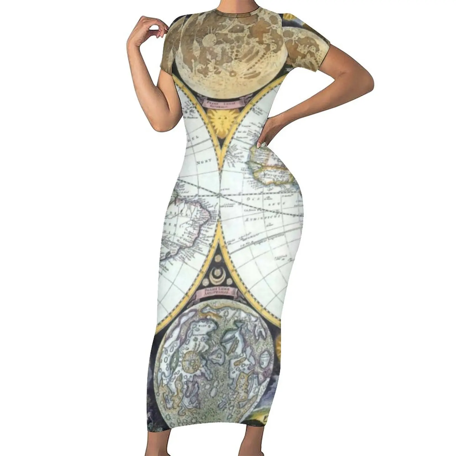 

Earth Map Dress Short Sleeve Antique World Map Modern Maxi Dresses Holiday Korean Fashion Custom Bodycon Dress Large Size