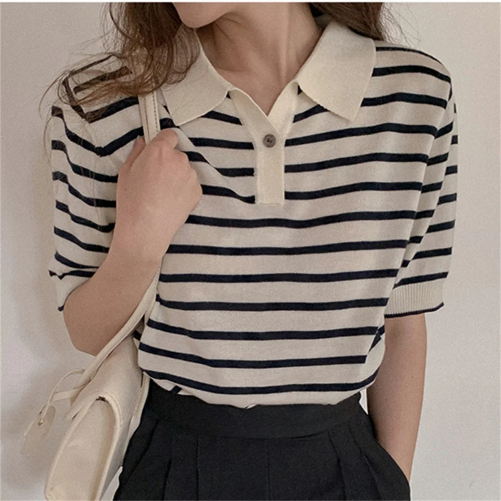 

Женская трикотажная кофта с коротким рукавом Alien Kitty, свободная облегающая офисная винтажная кофта в полоску, лето 2022