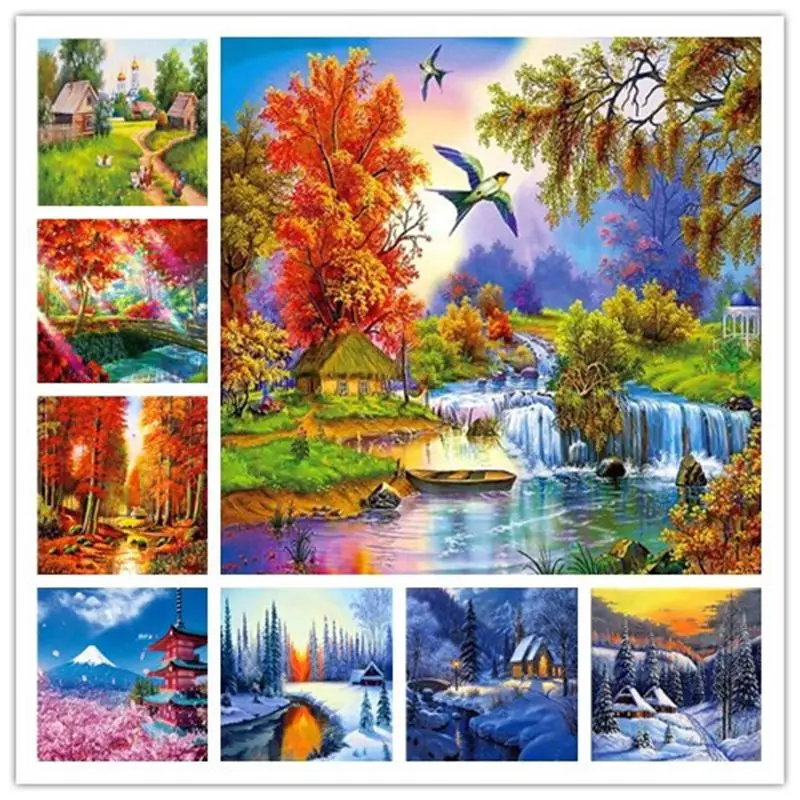 

Handmade 5 D Diamond painting, season landscape, cross stitch embroidery mosaic set, murals, gifts, free frame