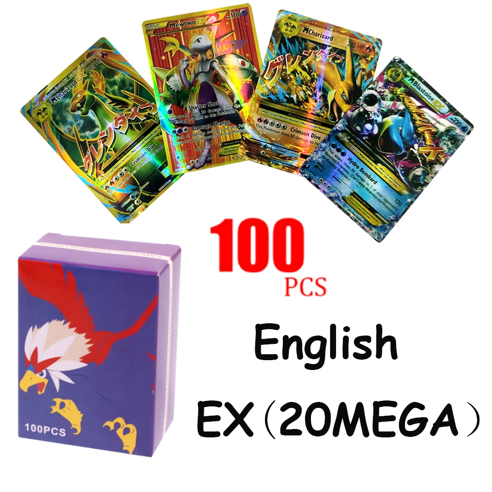 

100 Mega EX Pokemon Cards Box Display English Version Pokémon Shining Cards Playing Game Collection Booster Kids Toy Gift
