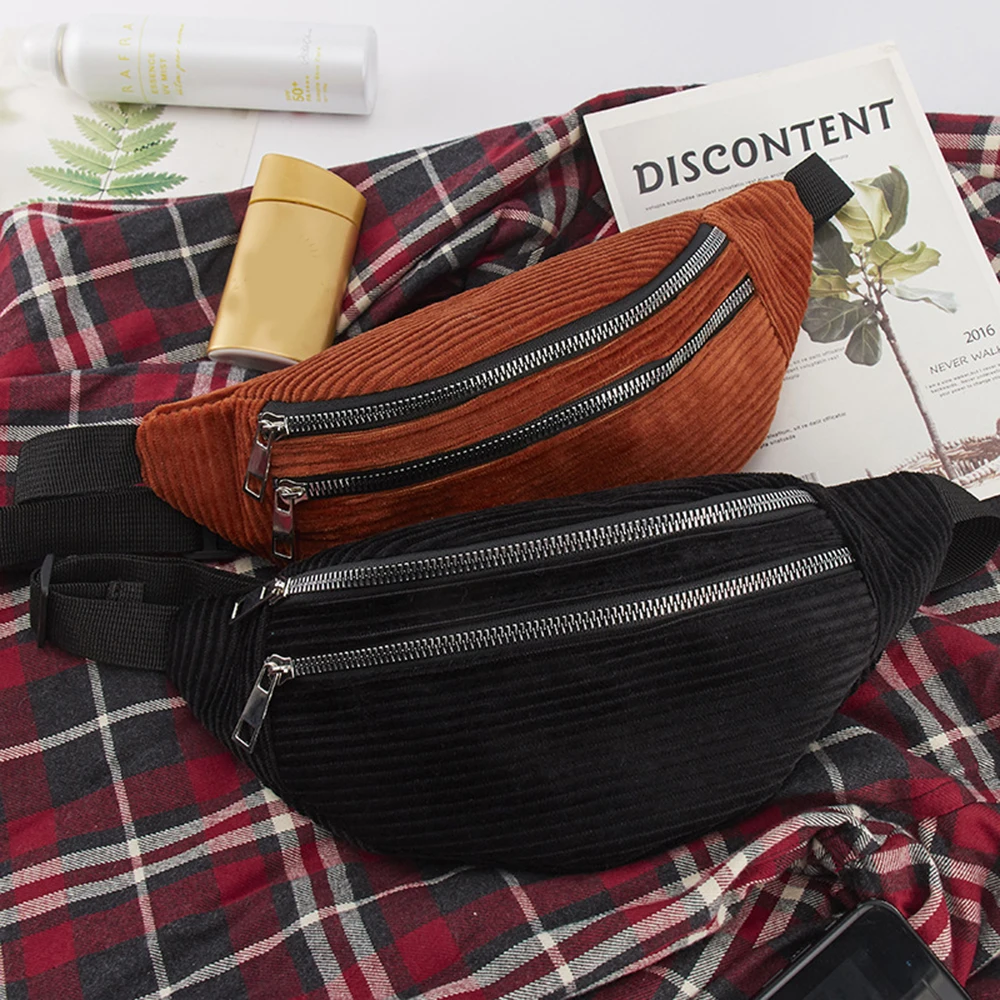 

Women Corduroy Waist Bag Ladies new Designer Canvas Fanny Pack Fashion travel Money Phone Chest Banana Bag Female Bum Belt Bags