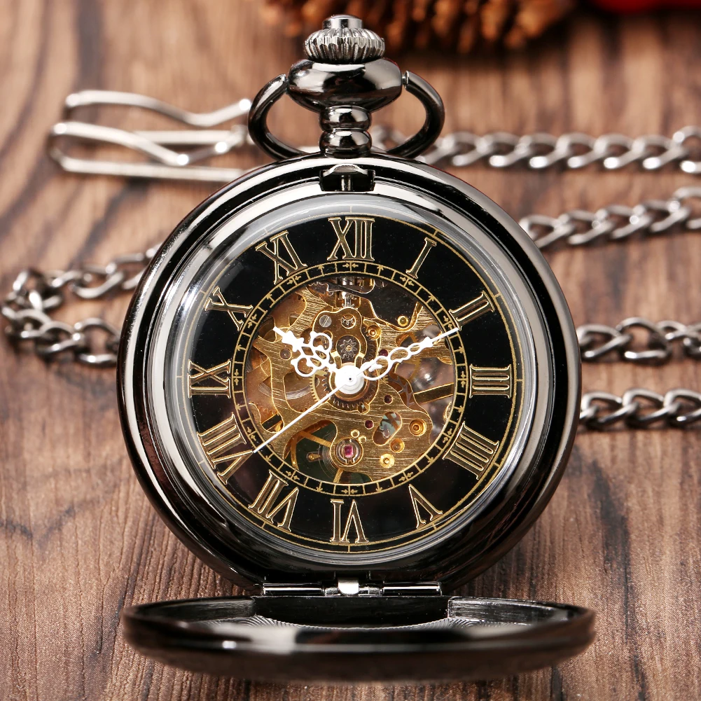 Black Carved Pattern Transparent Glass Manual Mechanical Pocket Watch Gold/Rose Gold Roman Numeral Dial Hand-Wind Pocket Clock