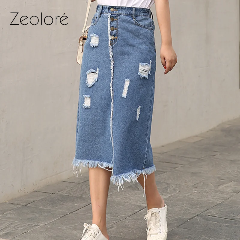 

Zeolore Women Summer Autumn Oversize Mid-length Denim A-line Skirt Casual Vintage Hole Tassel Long Skirt QT1844