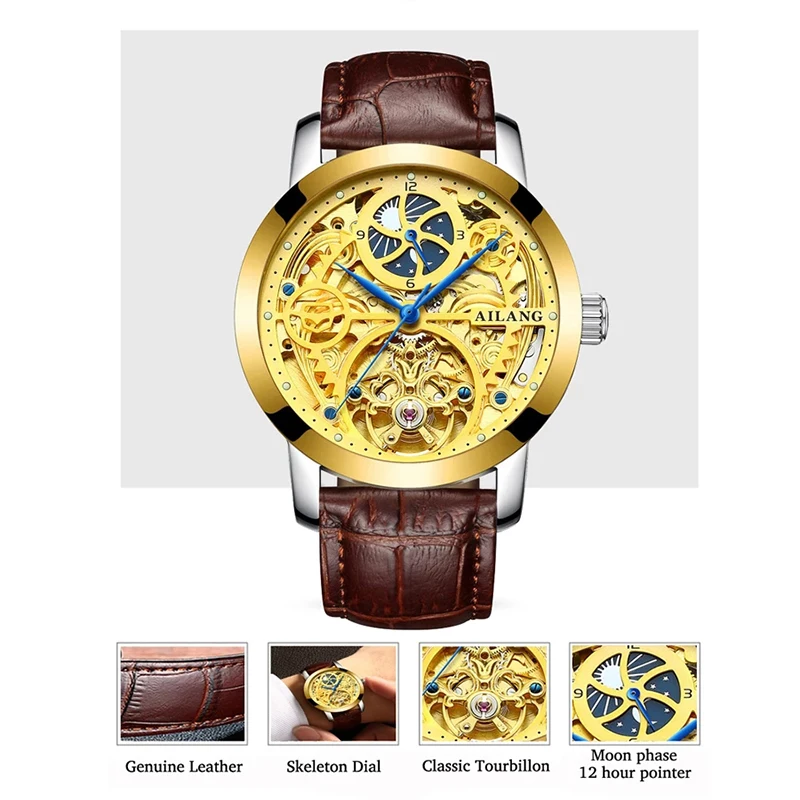 AILANG Men Fashion Business Mechanical Watch Luxury Gold Dial Tourbillon Skeleton Waterproof Watch Men's Watch Relogio Masculino enlarge
