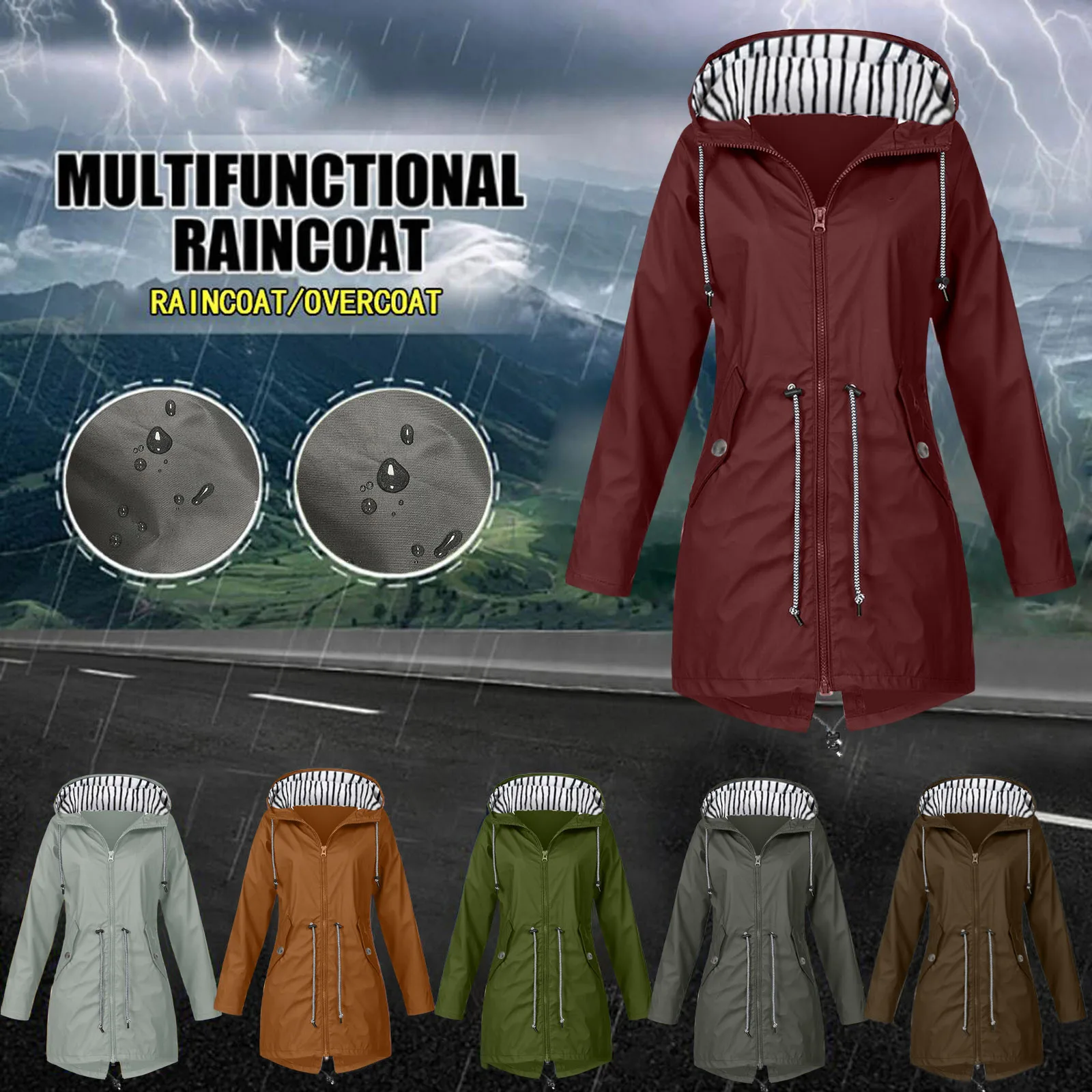 

Long Coat Women Fashion Rain Lightweight Jacket With Hood Long Sleeve Raincoat Zip Up Drawstring Windbreaker With Pockets Autumn