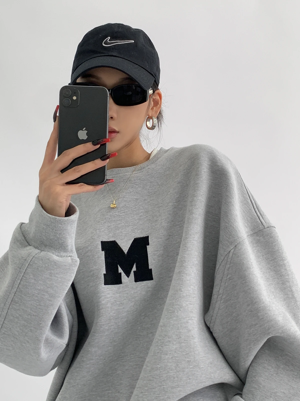 

Women's Clothing Grey Vintage Pullover Letter Embroidery Long Sleeves Casual Street Hip Hop Oversize Baggy Ladies Tops Autumn