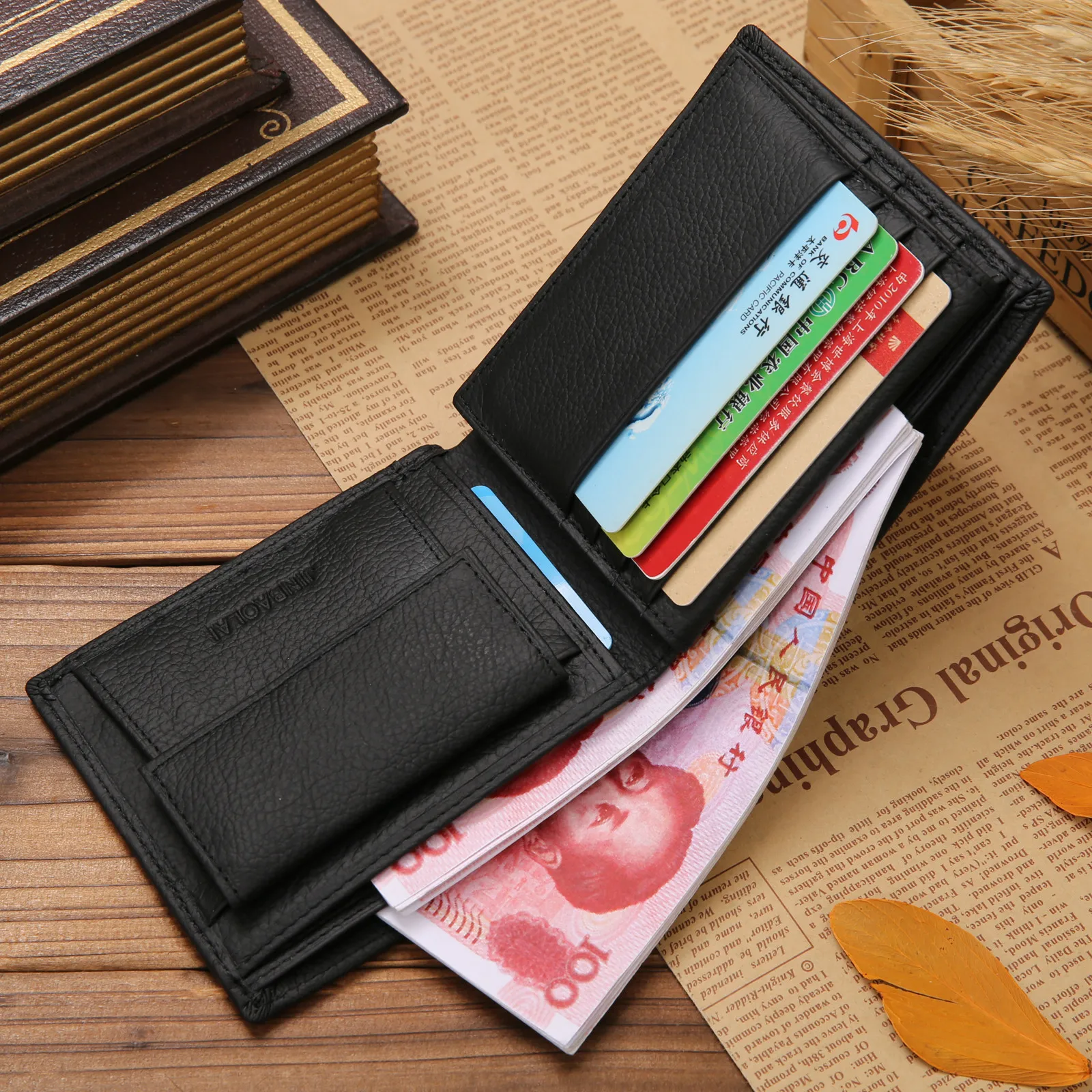 Genuine Cowhide Leather Wallet for Men Bifold Black Wallets Male Slim Mini Purse Card Holder Coin Purse Money Bag High Quality