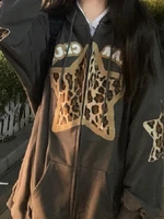 deeptown gothic leopard print oversize zipper hoodie women women punk hippie star print grey sweatshirt female mall goth tops