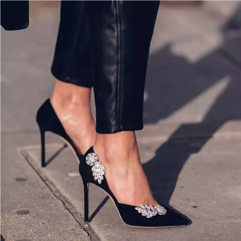 

2022 Designer New Women Pumps Black Crystal Shallow Pointed Toe High Heels Ladies Shoes Fashion Heels Pumps Sexy Party Shoes