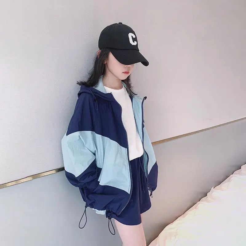 

Boys Girls Sports Hooded Harajuku Colorblock Patchwork Zip Up Jackets Korean Style Sunproof Navy Blue Tops Drawstring Shorts