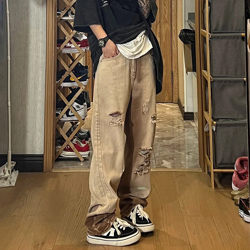 Spring Autumn High Street Vintage Ripped Jeans Ins Fashion Loose Straight Leg Trousers Casual All-match Men Clothing