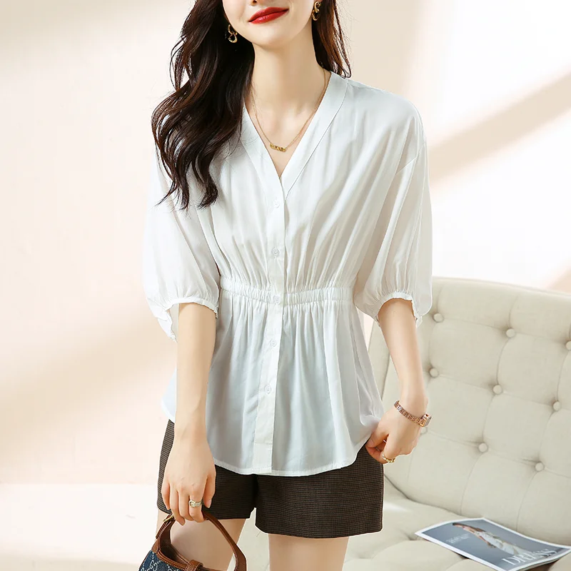 

Chiffon Shirt for Women 2022 Summer New In Solid Blouses Short Sleeve Fashion Loose Korean Casual Top V-neck Clothing