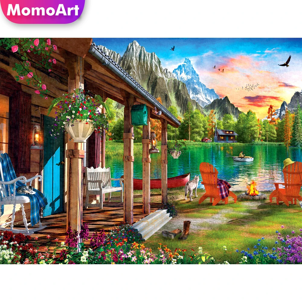 

MomoArt 5д алмазная мозаика дом полная площадь алмазная вышивка озеро горы вышивка крестиком пейзаж живопись хобби ручной работы