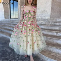 booma floral embroidery lace midi prom dresses queen anne long sleeves tea length a line wedding party dresses open back