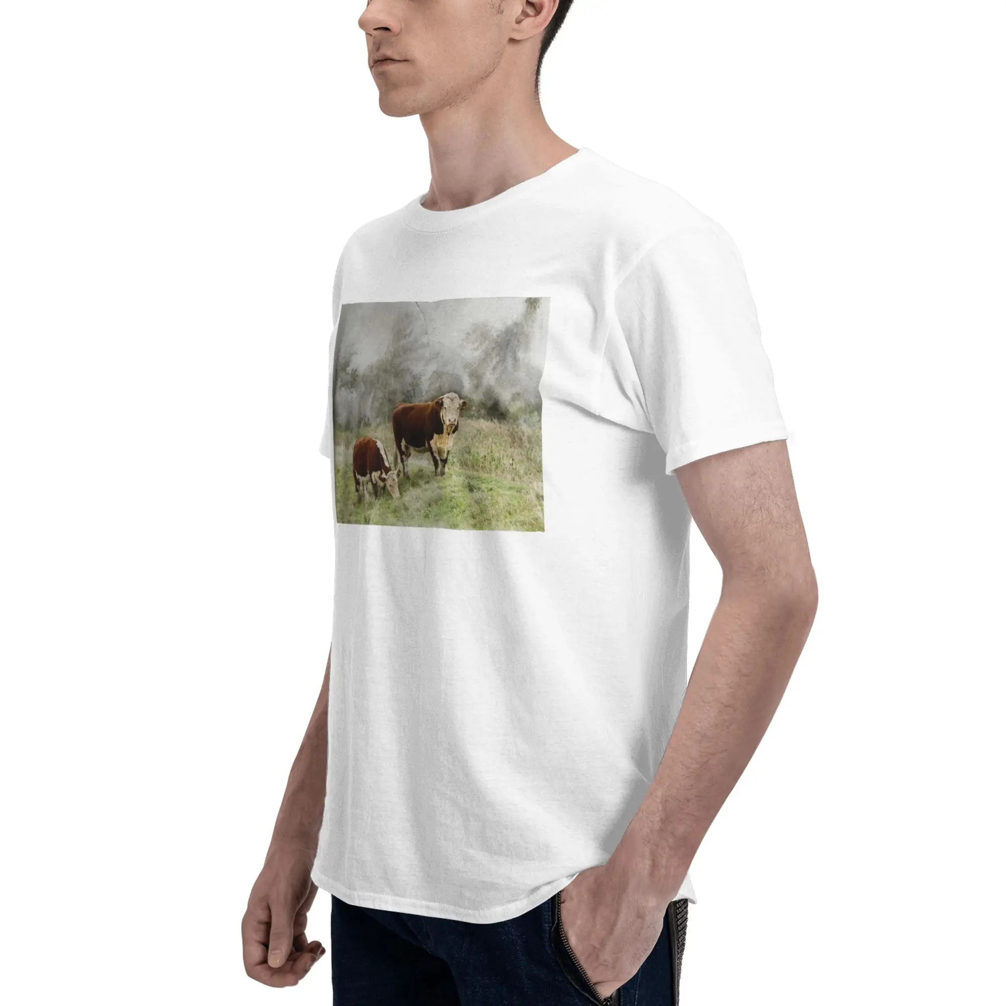 Фото Мужская футболка с акварельной фотографией Hereford Bull and Cow, большие футболки, мужские хлопковые футболки с круглым вырезом, короткие летние мужские футболки №3