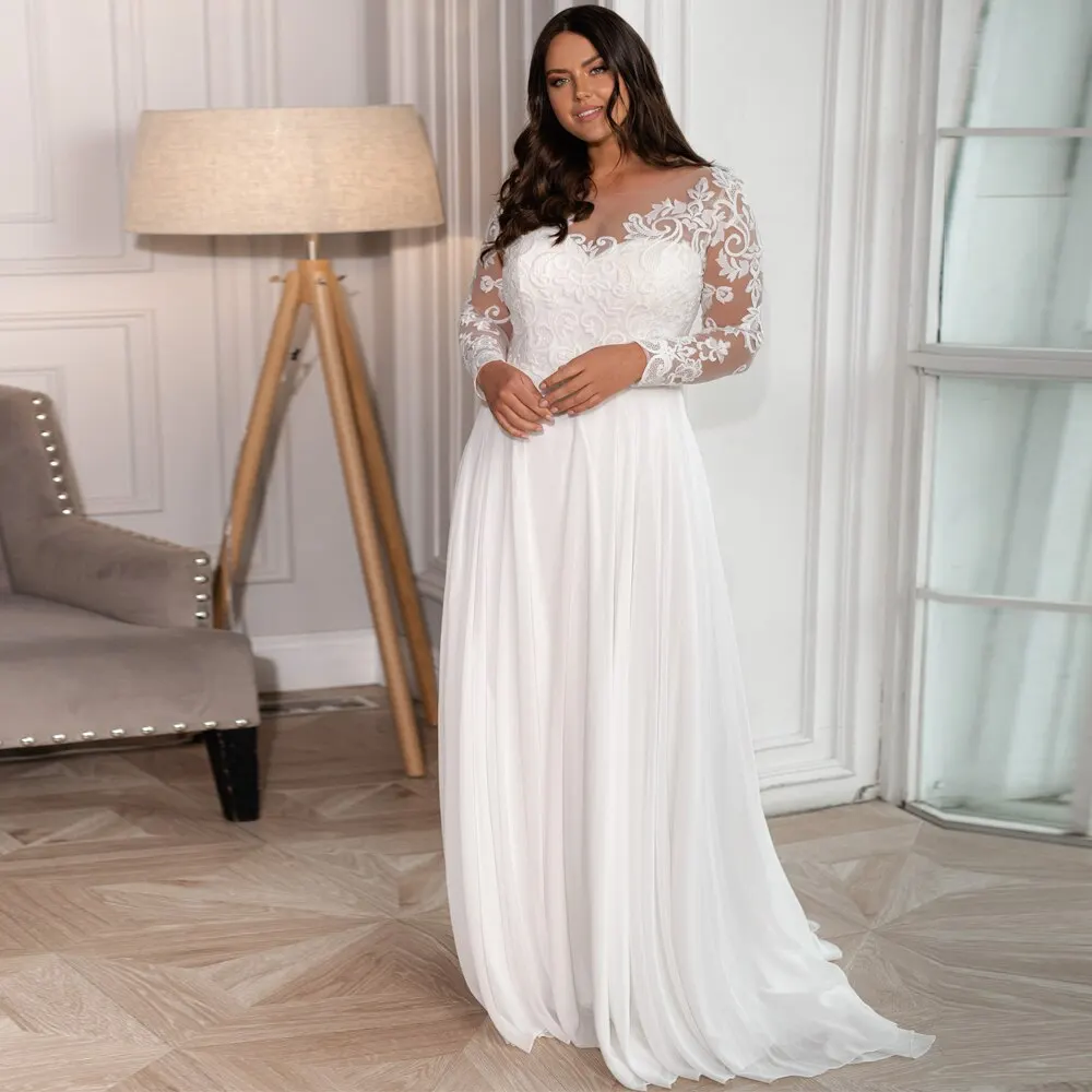 

Elegant Wedding Dresses Chiffon Appliques Pleat Bateau Full Sleeve Lace Up Plus Size A-Line Bridal Gowns