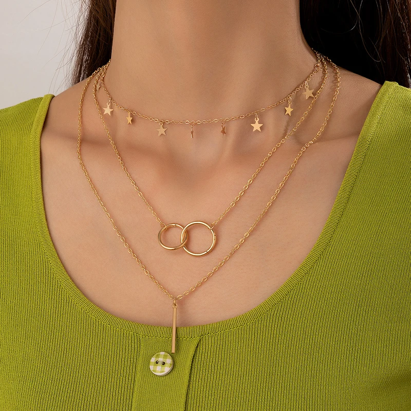 Многослойное женское ожерелье с подвеской в виде двух колец