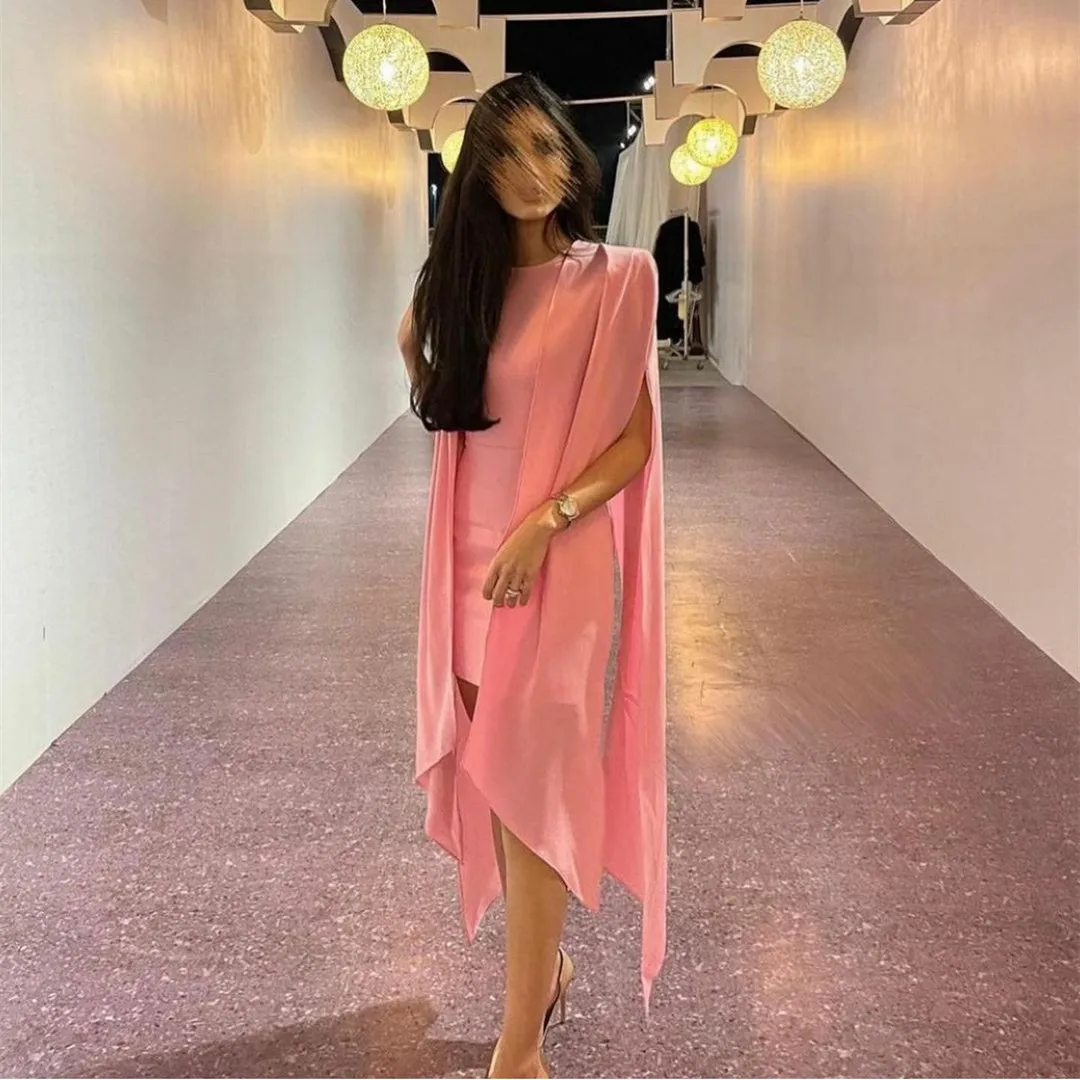 

Elegant Short Pink Crepe Muslim Evening Dresses Sheath Knee Length Zipper Back Party Prom Dresses Abendkleid Robes de Soirée
