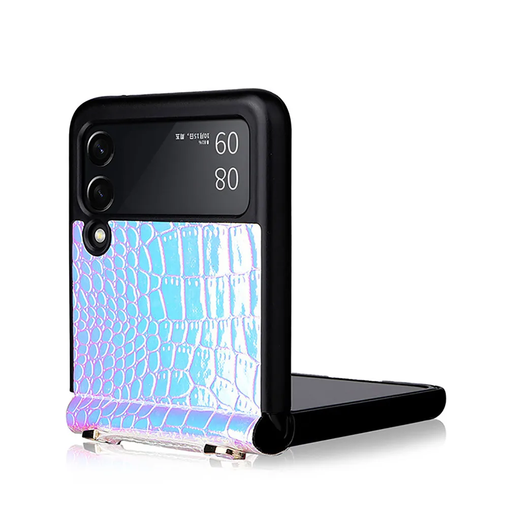 

Phone Case Mobile Phone Shell Pearlescent Pattern Hand Strap Protective Cover Leather Case for Samsung Z Flip 3