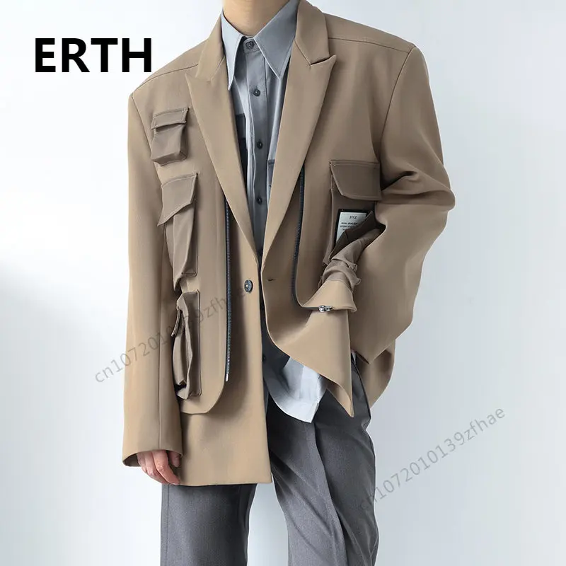 

Мужской Стильный Блейзер ERTH с имитацией двух предметов, новинка 2023, винтажная однобортная мужская одежда с несколькими карманами, уличный костюм