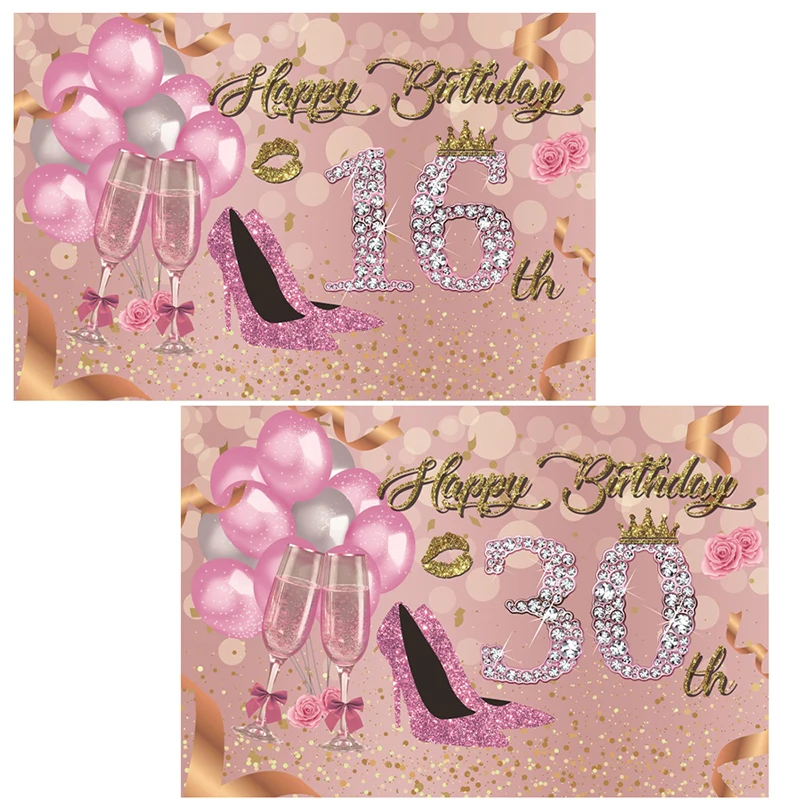 

Girl Ladies Happy Birthday Background Pink High Heels Champagne Celebration Diamond Word 18th40th Anniversary Party Decor Banner