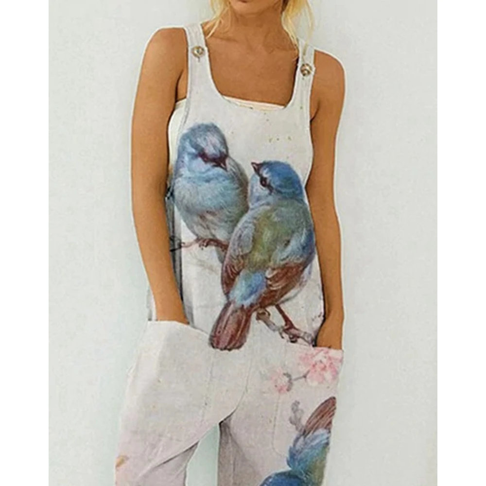 2023 Vintage Women U Neck Sleeveless Pocket Design Jumpsuits Summer Lady Abstract Print Oversized Casual Long Pants y2k Clothes