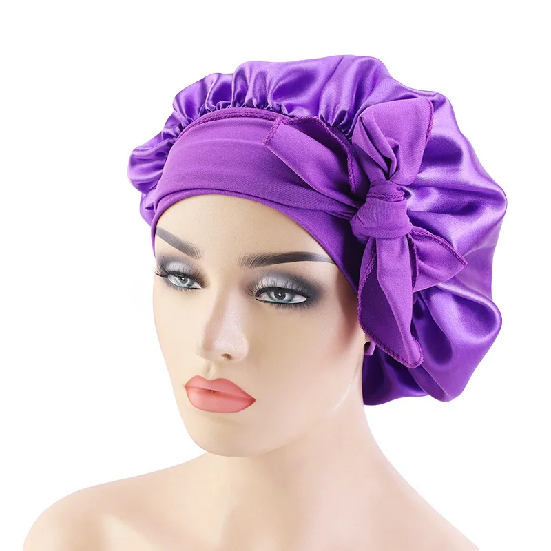 

New Solid Satin Bonnet with Wide Stretch Ties Long Hair Care Women Night Sleep Hat Adjust Hair Styling Cap Head Wrap Shower Cap