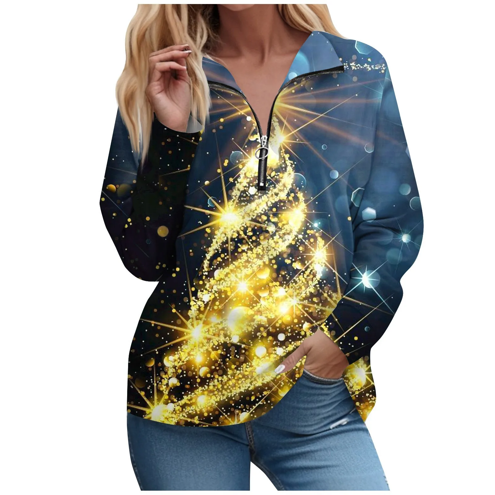 

Женский Свободный Топ, футболка на молнии с V-образным вырезом, осень/зима 2023, женская блузка, пуловеры с длинным рукавом и рождественским принтом, женский свитер