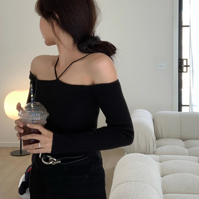 

Sexy Long Sleeve Sweater Women 2022 Off Shoulder Slim Knitted Sweaters Vintage Autumn Clothes Black White Top Mujer 2022