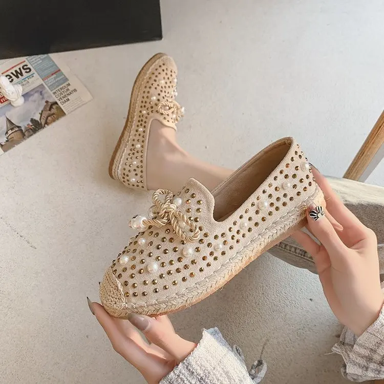 

2022 Fashion Solid Color Bow Needle Shoes Ladies Flat Hemp Shoes Shiny Loafers Luxury Pearl Moccasin Ladies Flat Shoes Low Heel